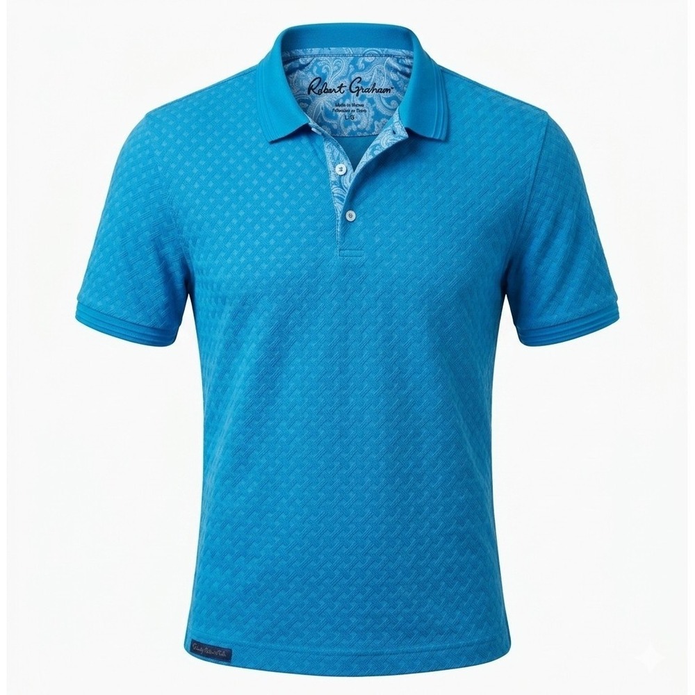 Robert Graham Men's Blue Cable Pattern Short Sleeve Golf Polo Shirt. Size L